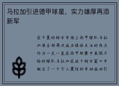 马拉加引进德甲球星，实力雄厚再添新军