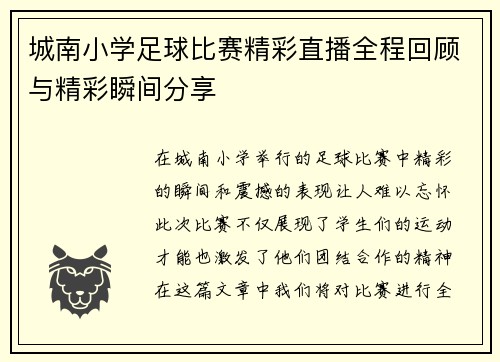 城南小学足球比赛精彩直播全程回顾与精彩瞬间分享